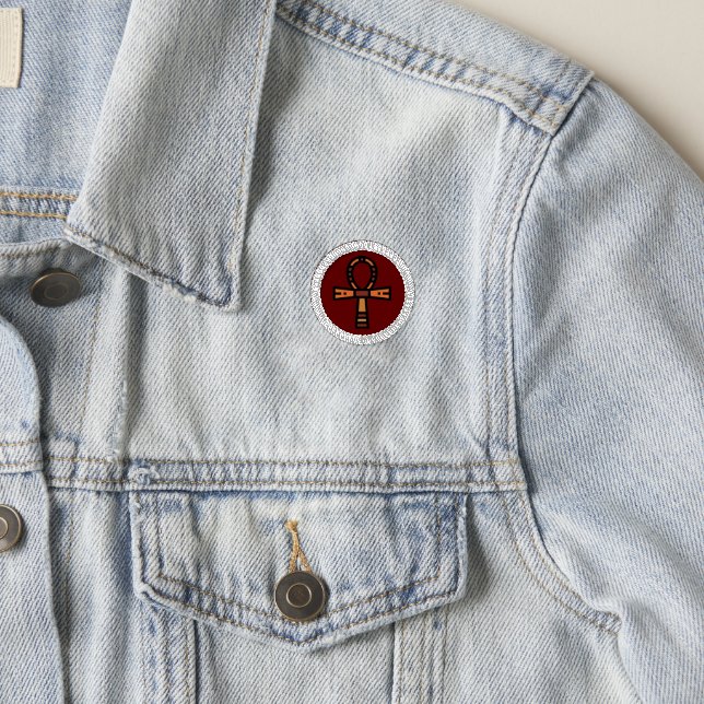 African Ankh 3" Circle, White Stitching, Iron-On Patch (On Jacket)