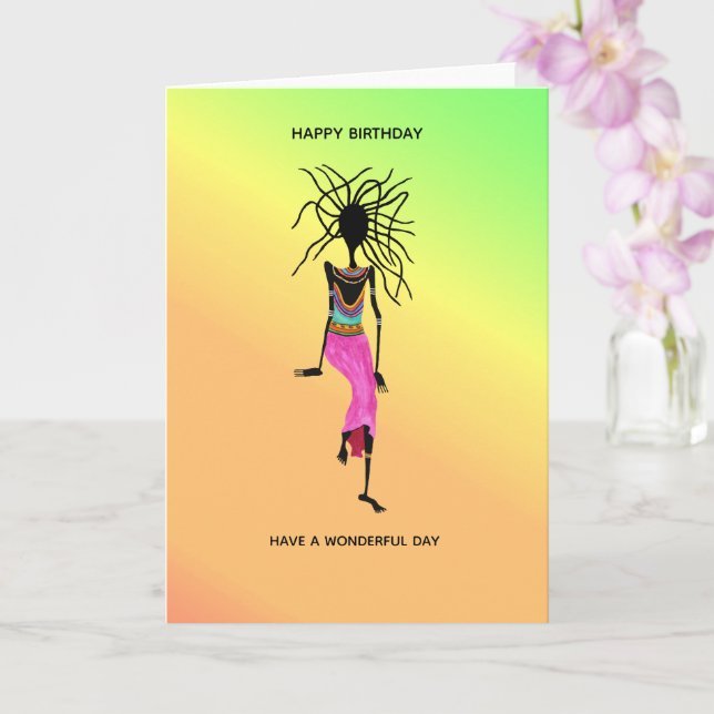 African Art, Colorful Woman Warrior Birthday Card (Orchid)