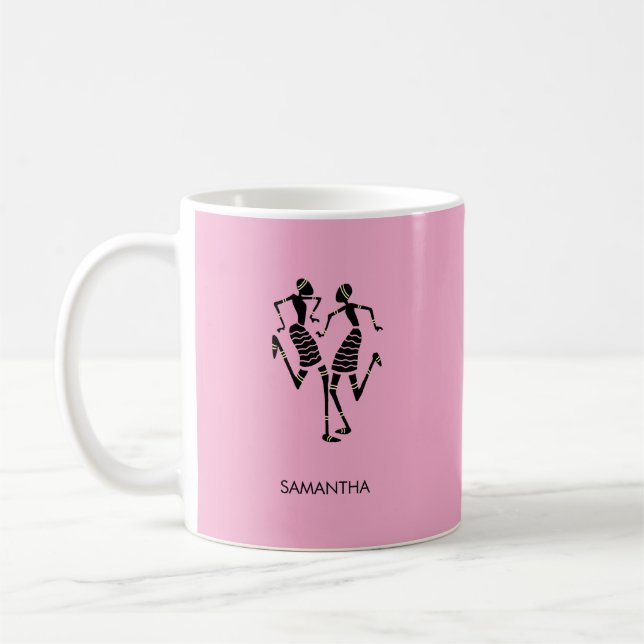 African Art, Cute Silhouette Dancers Orange Coffee Mug (Left)