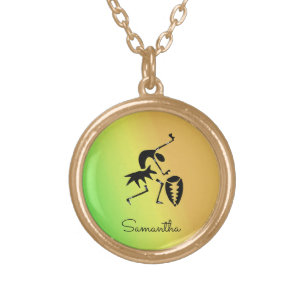 African Art, Silhouette Dancer Colorful Gold Plated Necklace