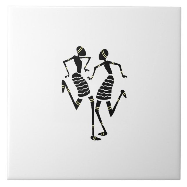 African Art Silhouette Dancers White Ceramic Tile (Front)