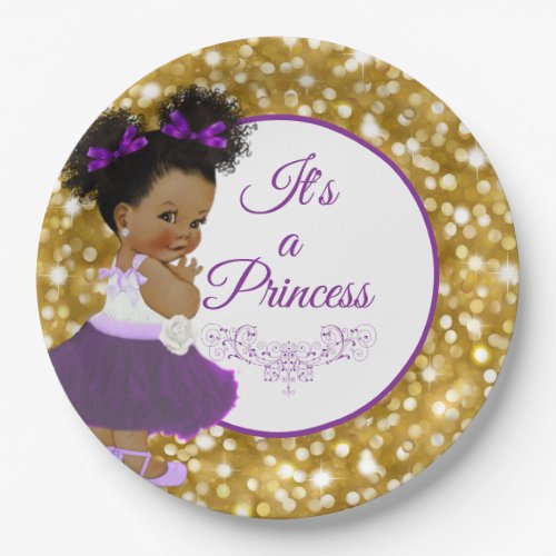 African Baby Girl  Purple and Gold Glitter Paper Plates