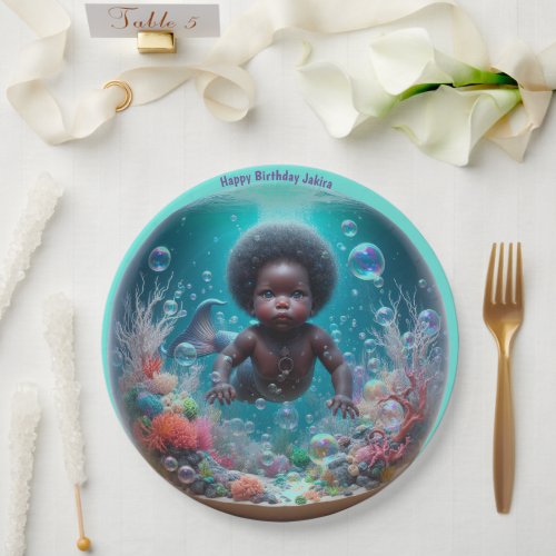 African Baby Mermaid Bubble Paper Plates