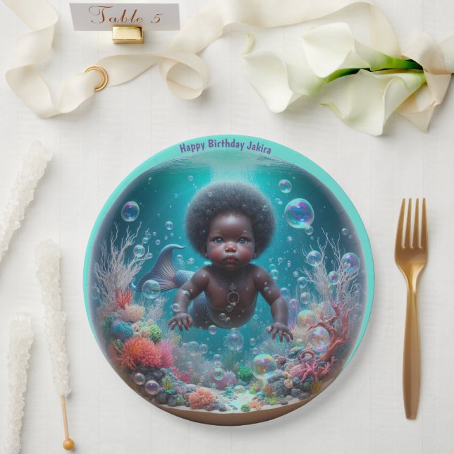 African Baby Mermaid Bubble Paper Plates (Wedding)