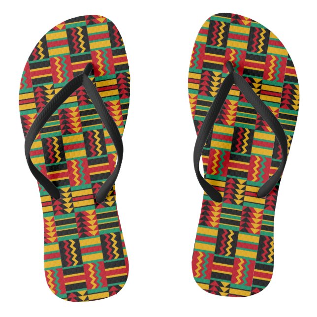 African Basket Weave Pride Red Yellow Green Black Flip Flops (Footbed)