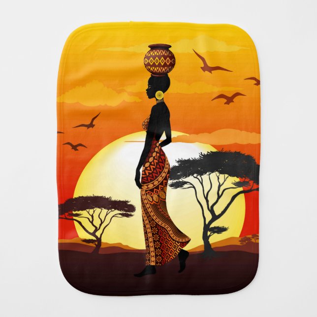 African Beautiful Woman Silhouette on African Suns Baby Burp Cloth (Front)