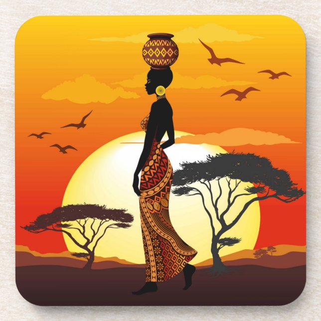 African Beautiful Woman Silhouette on African Suns Beverage Coaster (Front)