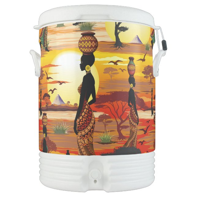African Beautiful Woman Silhouette on African Suns Beverage Cooler (Front)