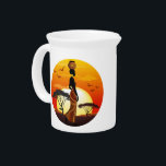 African Beautiful Woman Silhouette on African Suns Beverage Pitcher<br><div class="desc">Beautiful Woman African Silhouette dressed with Wax traditional Fabric Dress,  carrying a hand made decorated jar,  Walking in the Amazing Nature of the African Savanna,  on a warm and Peaceful Sunset. Original Vector Illustration Copyright BluedarkArt TheChameleonArt.</div>