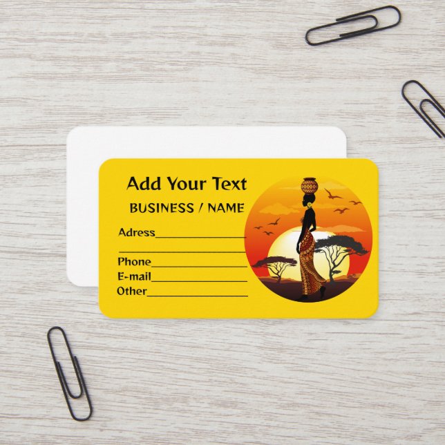 African Beautiful Woman Silhouette on African Suns Business Card (Front/Back In Situ)