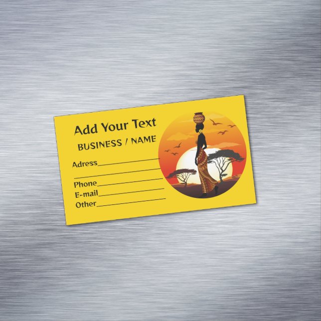 African Beautiful Woman Silhouette on African Suns Business Card Magnet (In Situ)