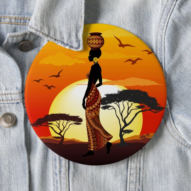 African Beautiful Woman Silhouette on African Suns Button (In Situ)