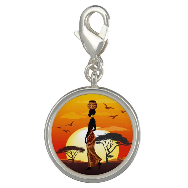 African Beautiful Woman Silhouette on African Suns Charm (Front)