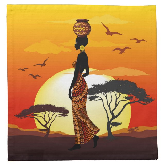 African Beautiful Woman Silhouette on African Suns Cloth Napkin (Front)