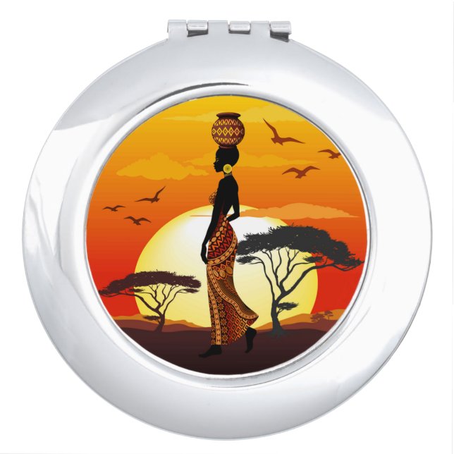African Beautiful Woman Silhouette on African Suns Compact Mirror (Front)