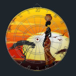 African Beautiful Woman Silhouette on African Suns Dart Board<br><div class="desc">Beautiful Woman African Silhouette dressed with Wax traditional Fabric Dress,  carrying a hand made decorated jar,  Walking in the Amazing Nature of the African Savanna,  on a warm and Peaceful Sunset. Original Vector Illustration Copyright BluedarkArt TheChameleonArt.</div>