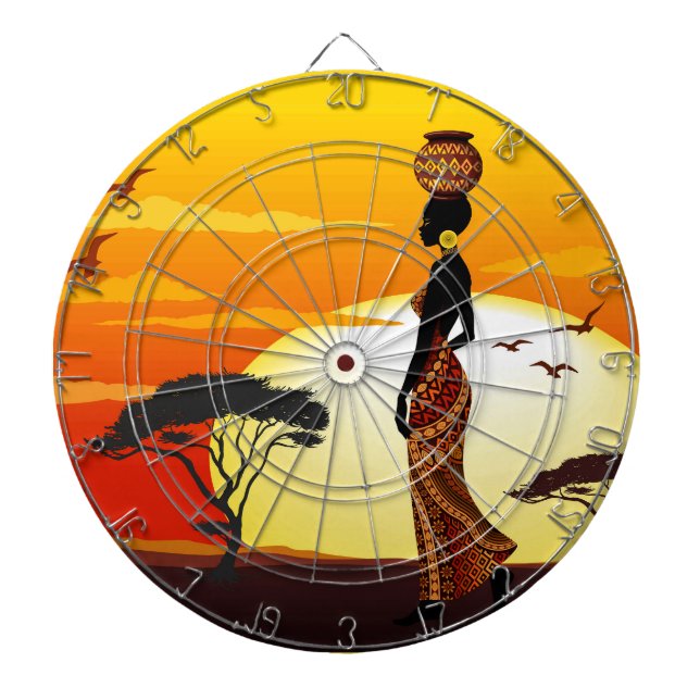 African Beautiful Woman Silhouette on African Suns Dart Board (Front)