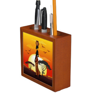 African Beautiful Woman Silhouette on African Suns Desk Organizer