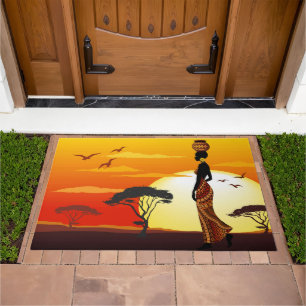 African Beautiful Woman Silhouette on African Suns Doormat