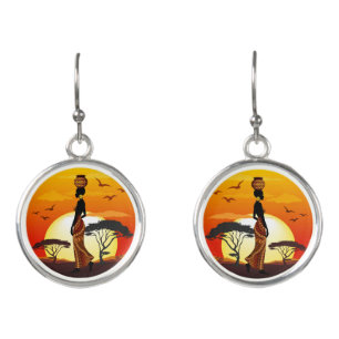 African Beautiful Woman Silhouette on African Suns Earrings