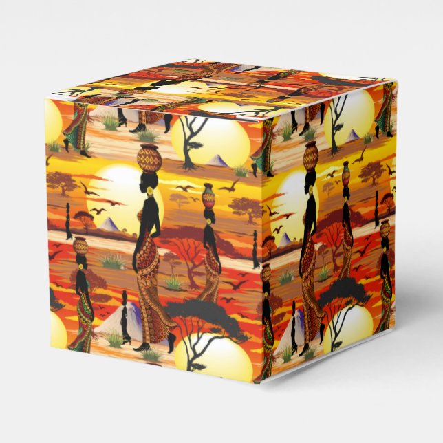 African Beautiful Woman Silhouette on African Suns Favor Boxes (Front Side)