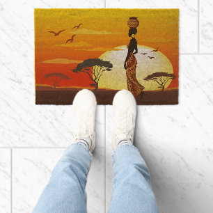 African Beautiful Woman Silhouette on African Suns Fiber Doormat