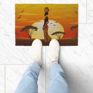 African Beautiful Woman Silhouette on African Suns Fiber Doormat