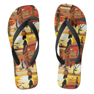 African Beautiful Woman Silhouette on African Suns Flip Flops