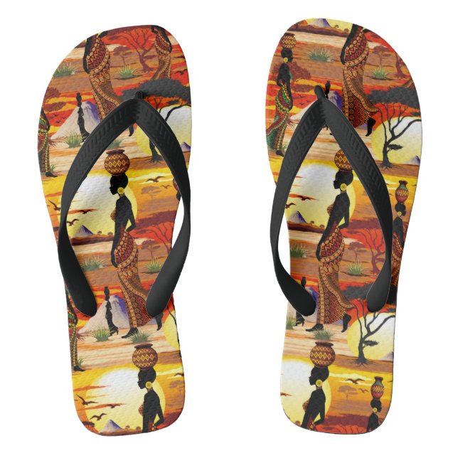 African Beautiful Woman Silhouette on African Suns Flip Flops (Footbed)