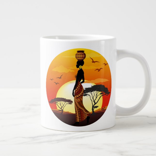 African Beautiful Woman Silhouette on African Suns Giant Coffee Mug (Right)