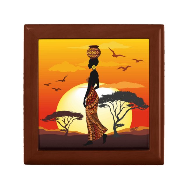African Beautiful Woman Silhouette on African Suns Gift Box (Front)