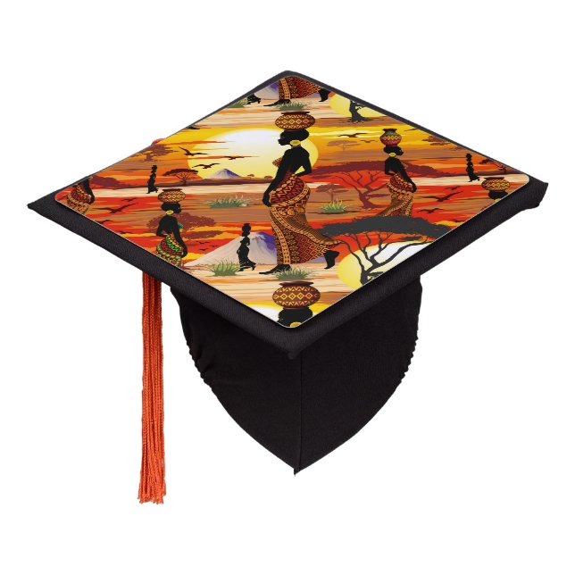 African Beautiful Woman Silhouette on African Suns Graduation Cap Topper (Angled)