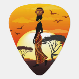 African Beautiful Woman Silhouette on African Suns Guitar Pick