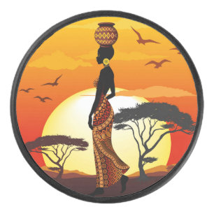 African Beautiful Woman Silhouette on African Suns Hockey Puck