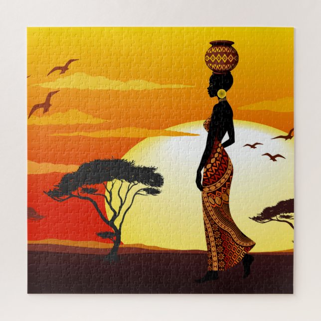 African Beautiful Woman Silhouette on African Suns Jigsaw Puzzle (Vertical)