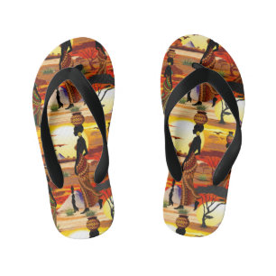 African Beautiful Woman Silhouette on African Suns Kid's Flip Flops