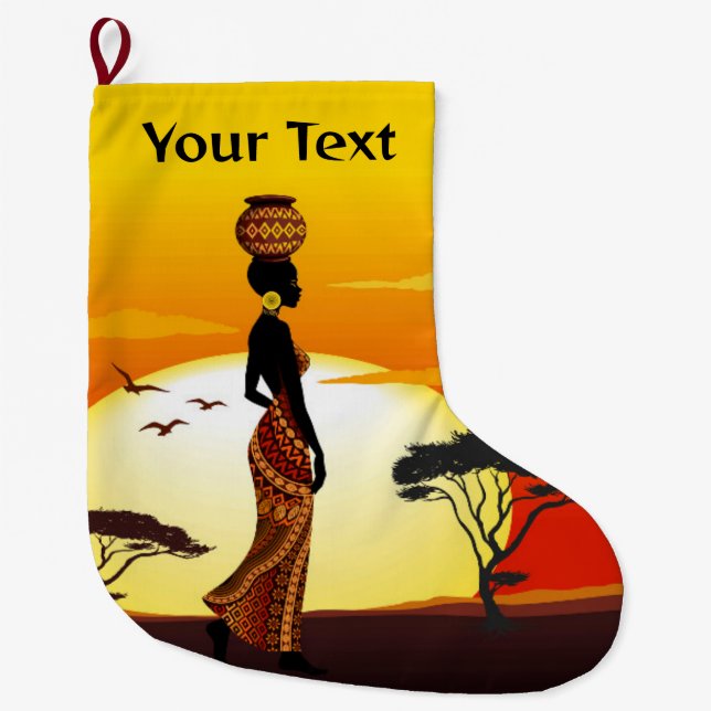 African Beautiful Woman Silhouette on African Suns Large Christmas Stocking (Front)