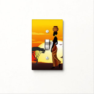 African Beautiful Woman Silhouette on African Suns Light Switch Cover