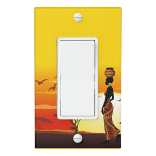 African Beautiful Woman Silhouette on African Suns Light Switch Cover