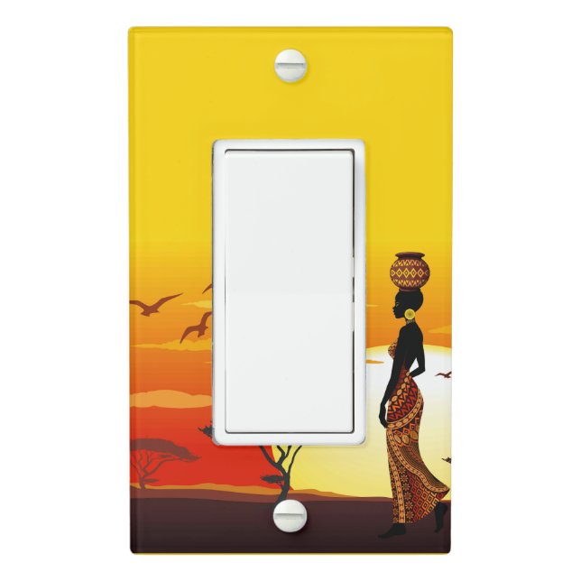 African Beautiful Woman Silhouette on African Suns Light Switch Cover (In Situ)