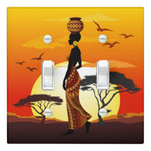 African Beautiful Woman Silhouette on African Suns Light Switch Cover