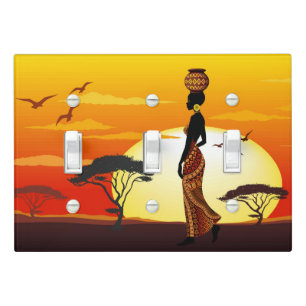 African Beautiful Woman Silhouette on African Suns Light Switch Cover