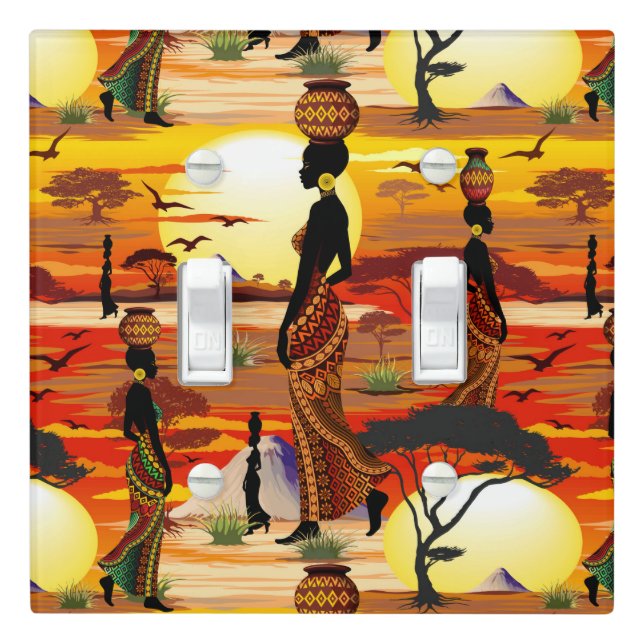 African Beautiful Woman Silhouette on African Suns Light Switch Cover (In Situ)