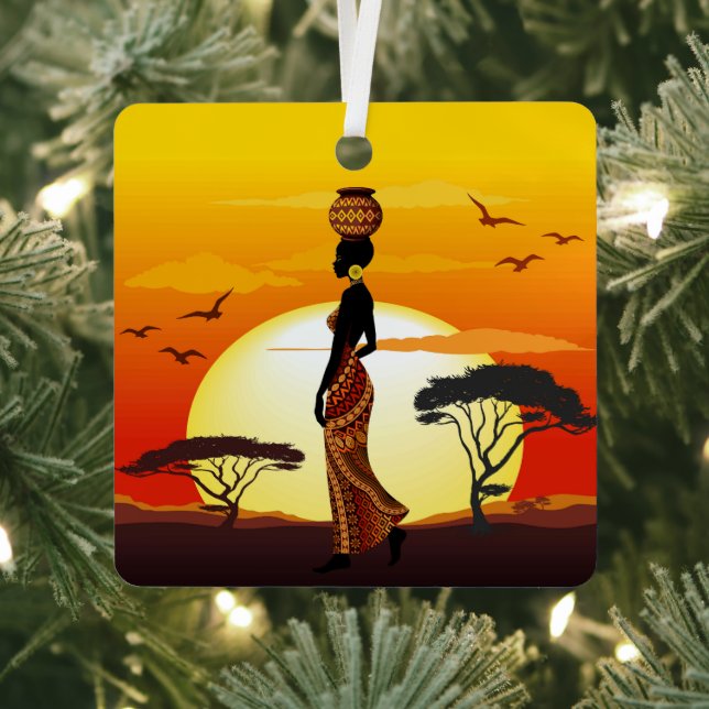 African Beautiful Woman Silhouette on African Suns Metal Ornament (Insitu)