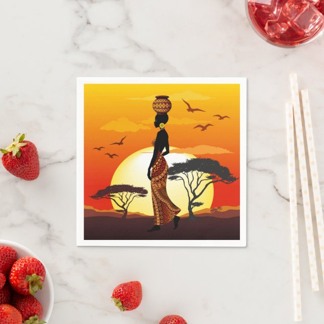 African Beautiful Woman Silhouette on African Suns Napkins (Insitu)