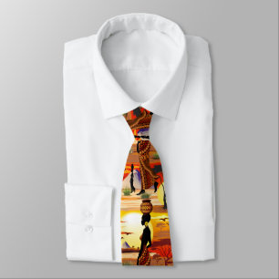 African Beautiful Woman Silhouette on African Suns Neck Tie