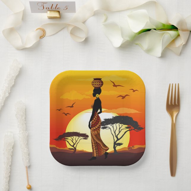 African Beautiful Woman Silhouette on African Suns Paper Plates (Wedding)