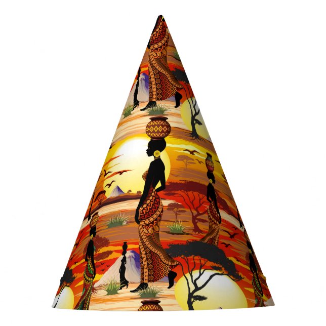 African Beautiful Woman Silhouette on African Suns Party Hat (Front)