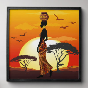 African Beautiful Woman Silhouette on African Suns Peel And Stick Photo Tile