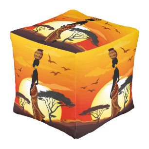 African Beautiful Woman Silhouette on African Suns Pouf